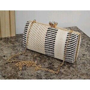 Beautiful Alessia Woven Straw Beige & Black Stripe Clutch Purse W/ Chain 8"